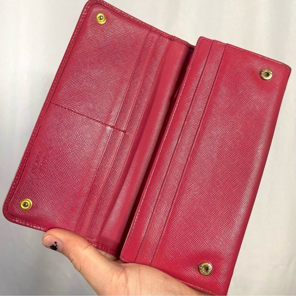 Prada | womens large hot pink saffiano leather flap snap-button closure wallet - Picture 9 of 10